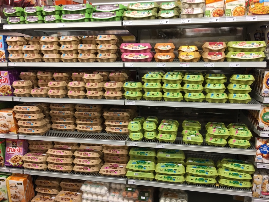Variety of eggs sold in Dutch grocery stores, all aviary to free run systems